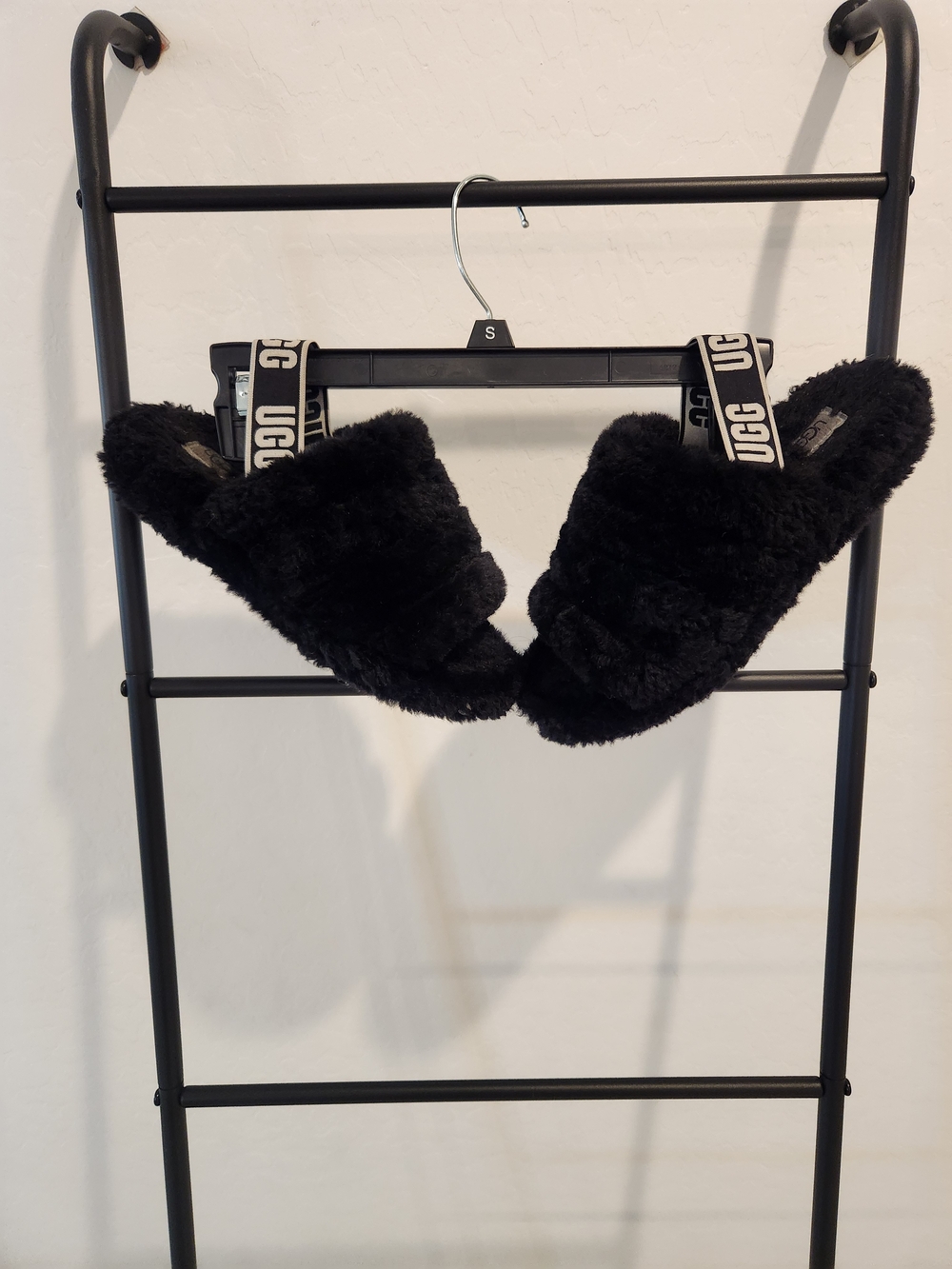 UGG Black Fluff Slide Sandals with Logo Straps